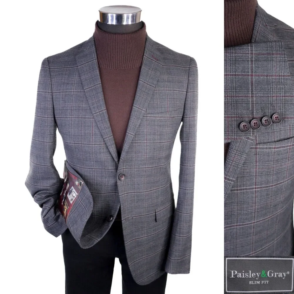 Paisley & Gray Slim Fit Blazer Sport Coat Sz 38R Two Button Plaid Gray Jacket